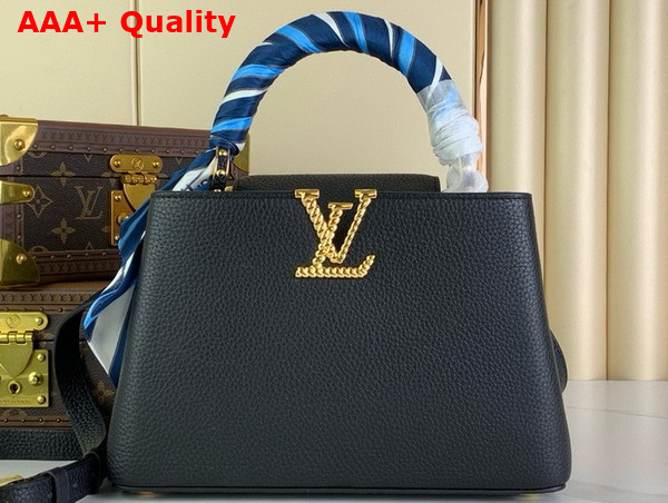 Louis Vuitton Capucines BB Handbag in Black Taurillon Leather with Scarf Wrapped Around the Top Handle Replica