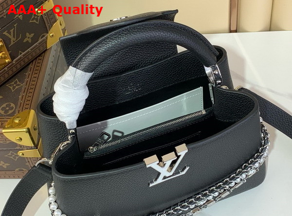 Louis Vuitton Capucines BB Handbag in Black Taurillon Leather with Triple Chain Adornment M12345 Replica