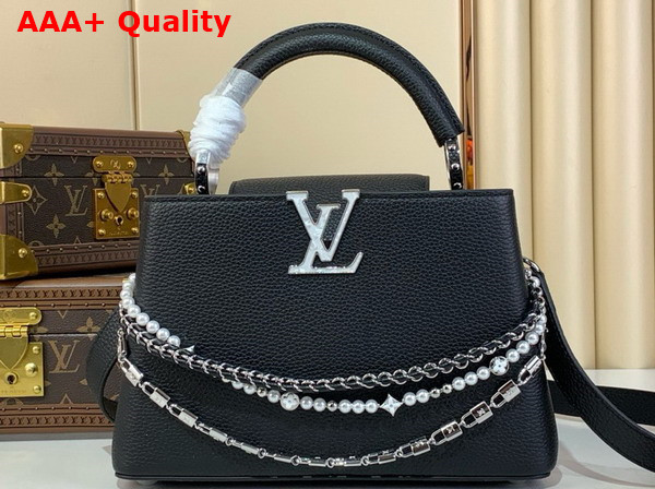 Louis Vuitton Capucines BB Handbag in Black Taurillon Leather with Triple Chain Adornment M12345 Replica