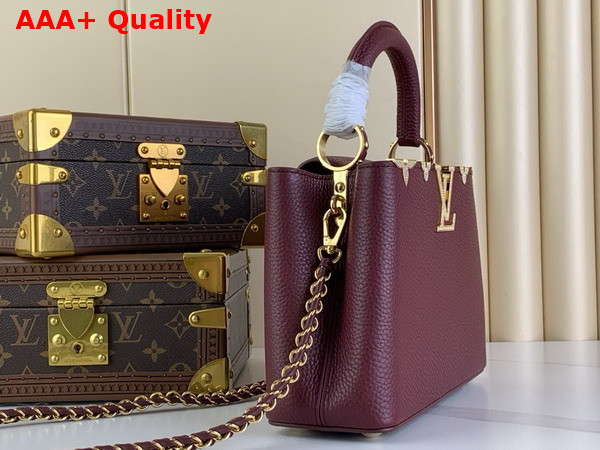 Louis Vuitton Capucines BB Handbag in Burgundy Taurillon Leather with Gold Color Monogram Flowers Replica