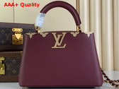 Louis Vuitton Capucines BB Handbag in Burgundy Taurillon Leather with Gold Color Monogram Flowers Replica