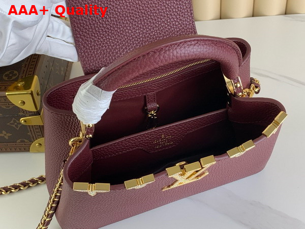 Louis Vuitton Capucines BB Handbag in Burgundy Taurillon Leather with Gold Color Monogram Flowers Replica