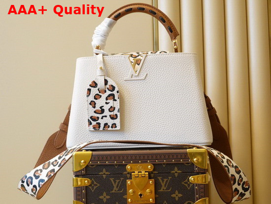 Louis Vuitton Capucines BB Handbag in Cream Taurillon Leather Leopard Print Adorning the Flap Replica