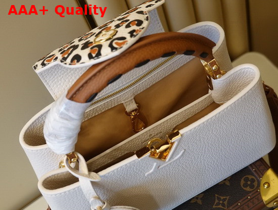 Louis Vuitton Capucines BB Handbag in Cream Taurillon Leather Leopard Print Adorning the Flap Replica