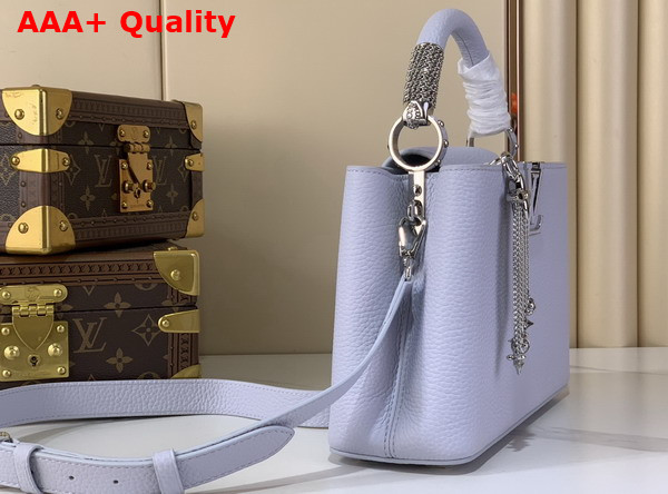 Louis Vuitton Capucines BB Handbag in Frozen Blue Taurillon Leather with Silver Toned Charm Detail Replica