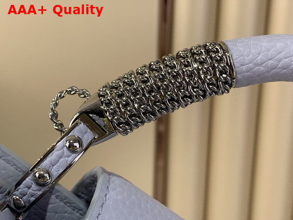 Louis Vuitton Capucines BB Handbag in Frozen Blue Taurillon Leather with Silver Toned Charm Detail Replica