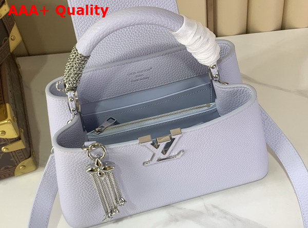 Louis Vuitton Capucines BB Handbag in Frozen Blue Taurillon Leather with Silver Toned Charm Detail Replica