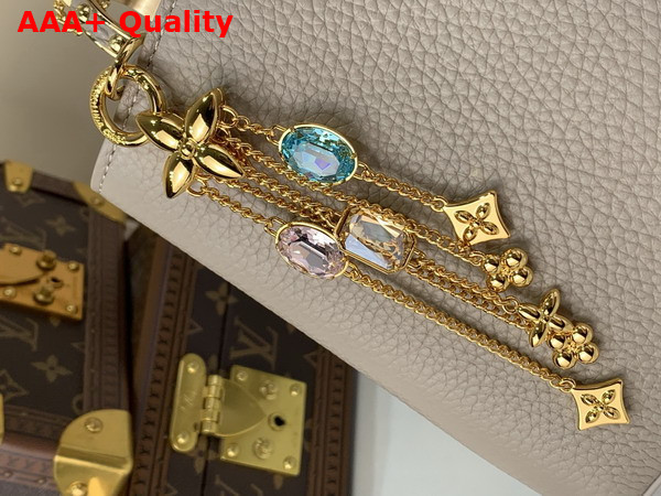 Louis Vuitton Capucines BB Handbag in Galet Gray Taurillon Leather Embellished with Tonal LV Initials and a Decorative Stone Embellished Charm Replica
