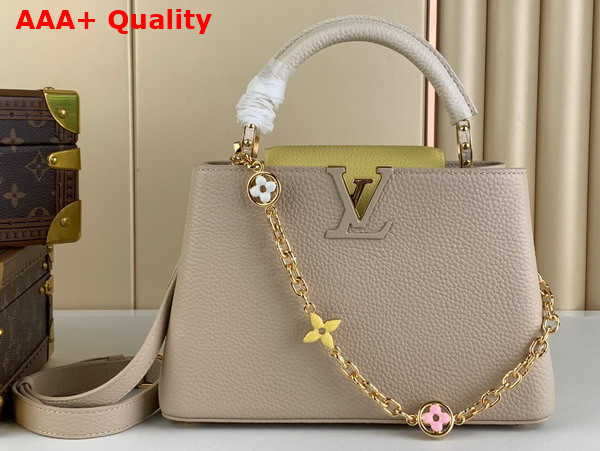 Louis Vuitton Capucines BB Handbag in Galet Gray Taurillon Leather Gold Color Chain Adorned with Colored Monogram Flowers Replica