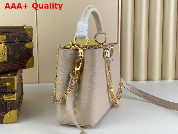 Louis Vuitton Capucines BB Handbag in Galet Gray Taurillon Leather Gold Color Chain Adorned with Colored Monogram Flowers Replica