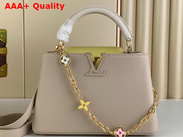 Louis Vuitton Capucines BB Handbag in Galet Gray Taurillon Leather Gold Color Chain Adorned with Colored Monogram Flowers Replica