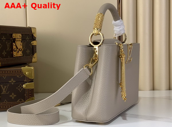 Louis Vuitton Capucines BB Handbag in Galet Gray Taurillon Leather with Gold Toned Charm Detail Replica