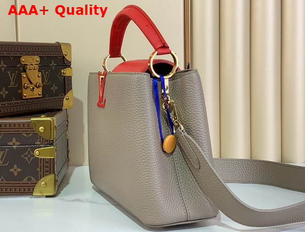 Louis Vuitton Capucines BB Handbag in Galet Gray Taurillon Leather with Orange Ostrich Leather Trim Replica