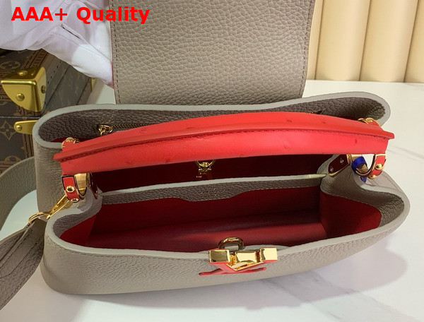 Louis Vuitton Capucines BB Handbag in Galet Gray Taurillon Leather with Orange Ostrich Leather Trim Replica