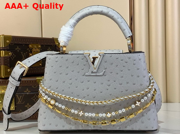 Louis Vuitton Capucines BB Handbag in Grey Ostrich Leather with Triple Chain Adornment Replica