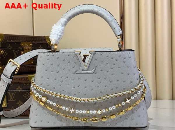 Louis Vuitton Capucines BB Handbag in Grey Ostrich Leather with Triple Chain Adornment Replica