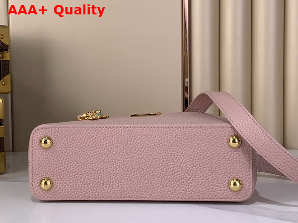 Louis Vuitton Capucines BB Handbag in Jasmine Pink Taurillon Leather Embellished with Tonal LV Initials and a Decorative Stone Embellished Charm Replica