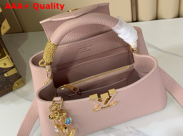 Louis Vuitton Capucines BB Handbag in Jasmine Pink Taurillon Leather Embellished with Tonal LV Initials and a Decorative Stone Embellished Charm Replica