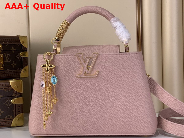 Louis Vuitton Capucines BB Handbag in Jasmine Pink Taurillon Leather Embellished with Tonal LV Initials and a Decorative Stone Embellished Charm Replica
