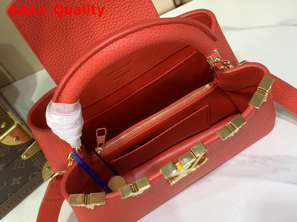 Louis Vuitton Capucines BB Handbag in Lipstick Red Taurillon Leather Adorned with an Iconic Flower Crown and Signature LV Initials Replica