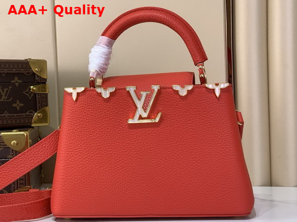 Louis Vuitton Capucines BB Handbag in Lipstick Red Taurillon Leather Adorned with an Iconic Flower Crown and Signature LV Initials Replica