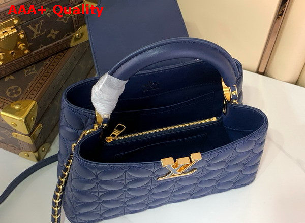 Louis Vuitton Capucines BB Handbag in Navy Blue Lambskin Leather with Monogram Flowers Motif Replica