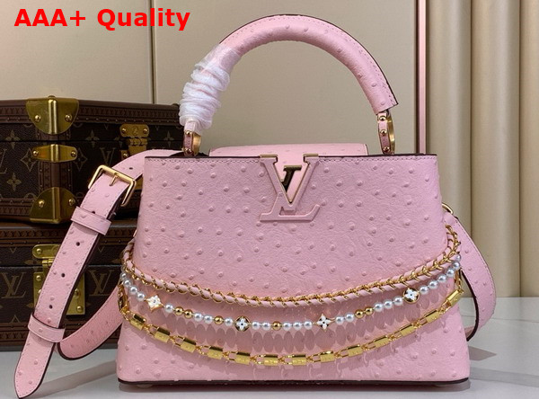 Louis Vuitton Capucines BB Handbag in Pink Ostrich Leather with Triple Chain Adornment Replica