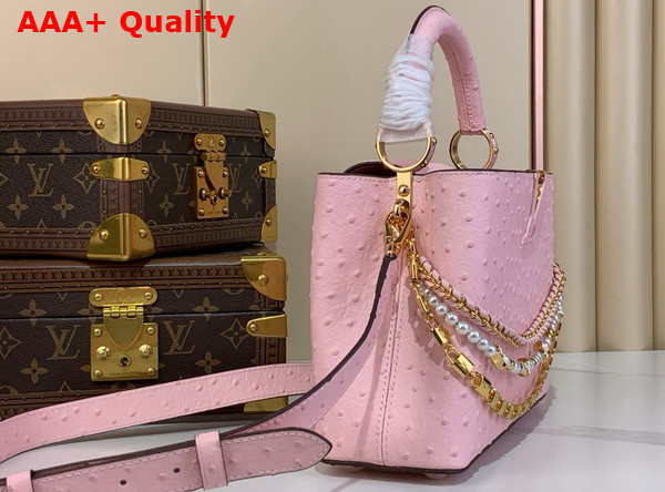 Louis Vuitton Capucines BB Handbag in Pink Ostrich Leather with Triple Chain Adornment Replica
