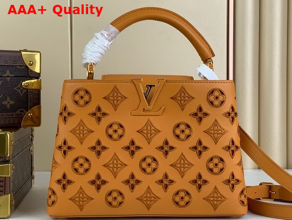 Louis Vuitton Capucines BB Handbag in Saffron Yellow Calfskin Perforated with the Monogram Pattern Replica