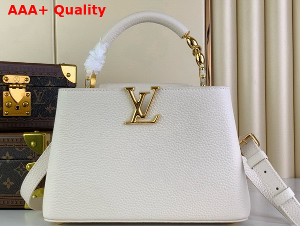 Louis Vuitton Capucines BB Handbag in Snow White Taurillon Leather with Golden Monogram Blossom in Metal Replica