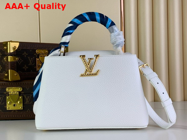 Louis Vuitton Capucines BB Handbag in Snow White Taurillon Leather with Scarf Wrapped Around the Top Handle M24673 Replica