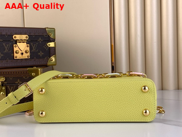 Louis Vuitton Capucines BB Handbag in Sun Beam Yellow Taurillon Leather Features a Joyfully Arty Enameled Chain Replica