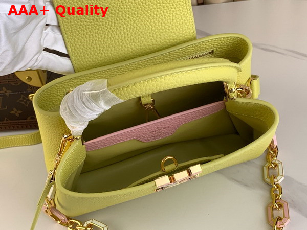 Louis Vuitton Capucines BB Handbag in Sun Beam Yellow Taurillon Leather Features a Joyfully Arty Enameled Chain Replica