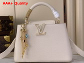 Louis Vuitton Capucines BB Handbag in Vanilla Taurillon Leather Embellished with Tonal LV Initials and a Decorative Stone Embellished Charm Replica