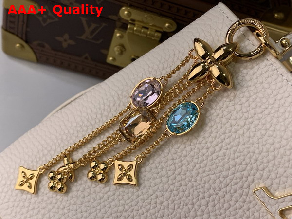 Louis Vuitton Capucines BB Handbag in Vanilla Taurillon Leather Embellished with Tonal LV Initials and a Decorative Stone Embellished Charm Replica