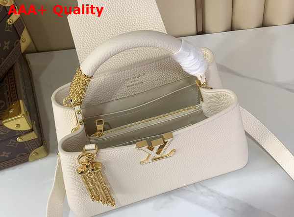 Louis Vuitton Capucines BB Handbag in Vanilla Taurillon Leather with Gold Toned Charm Detail Replica