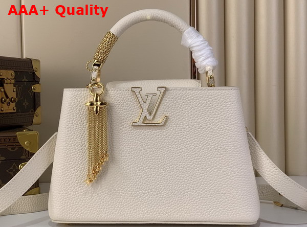 Louis Vuitton Capucines BB Handbag in Vanilla Taurillon Leather with Gold Toned Charm Detail Replica
