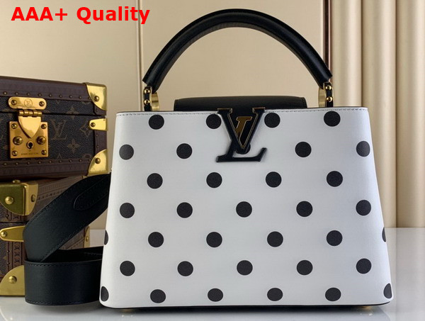 Louis Vuitton Capucines BB Handbag in White Calfskin with a Graphic Pattern of Black Polka Dots M20373 Replica