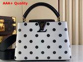 Louis Vuitton Capucines BB Handbag in White Calfskin with a Graphic Pattern of Black Polka Dots M20373 Replica
