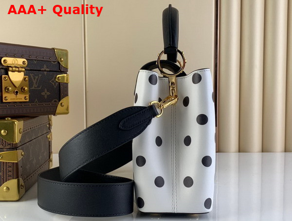 Louis Vuitton Capucines BB Handbag in White Calfskin with a Graphic Pattern of Black Polka Dots M20373 Replica