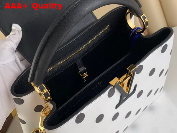 Louis Vuitton Capucines BB Handbag in White Calfskin with a Graphic Pattern of Black Polka Dots M20373 Replica