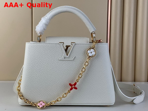 Louis Vuitton Capucines BB Handbag in White Taurillon Leather Gold Color Chain Adorned with Colored Monogram Flowers Replica
