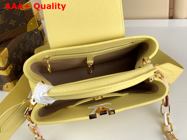 Louis Vuitton Capucines BB Handbags in Jaune Plume Yellow Taurillon Leather with Multicolored Chain Replica