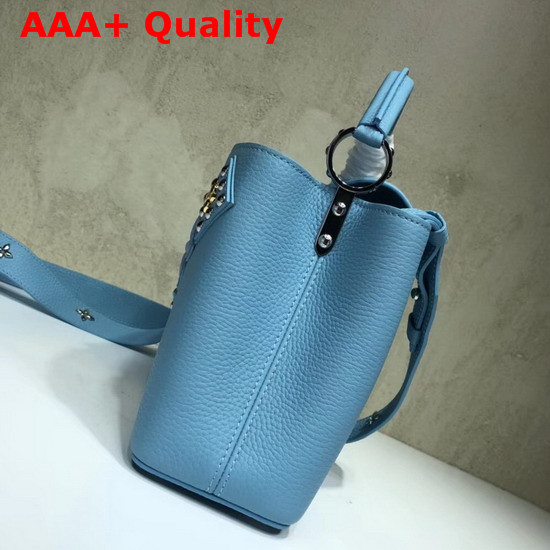 Louis Vuitton Capucines BB Sky Blue Taurillon Skin Alternate with Metal Studded Taiga Leather Patches Replica