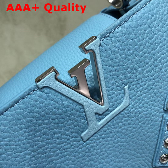 Louis Vuitton Capucines BB Sky Blue Taurillon Skin Alternate with Metal Studded Taiga Leather Patches Replica