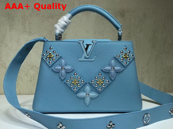 Louis Vuitton Capucines BB Sky Blue Taurillon Skin Alternate with Metal Studded Taiga Leather Patches Replica