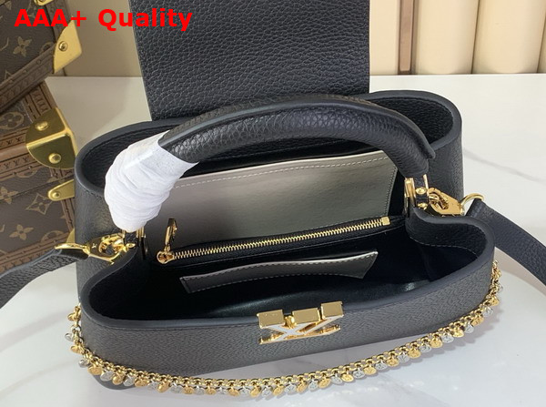 Louis Vuitton Capucines BB in Black Taurillon Leather Adorned with a Charm Embellished Chain M28197 Replica