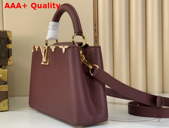 Louis Vuitton Capucines BB in Bordeaux Taurillon Leather Elevated with a Crown of Mother of Pearl Effect Monogram Flowers Replica