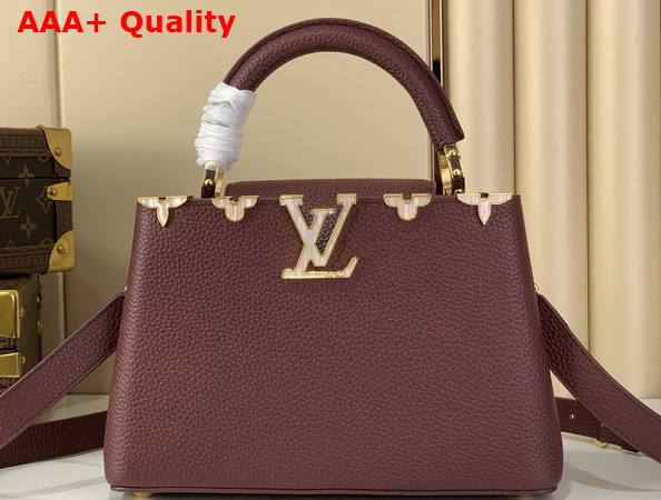 Louis Vuitton Capucines BB in Bordeaux Taurillon Leather Elevated with a Crown of Mother of Pearl Effect Monogram Flowers Replica