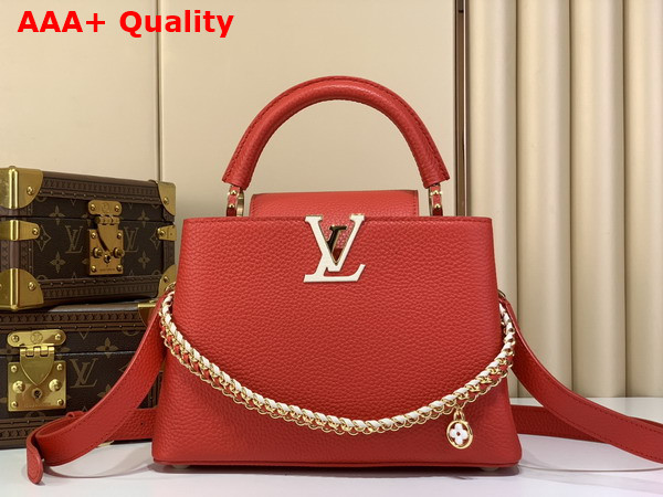 Louis Vuitton Capucines BB in Rouge Orange Taurillon Leather with Hand Braided Chain Replica
